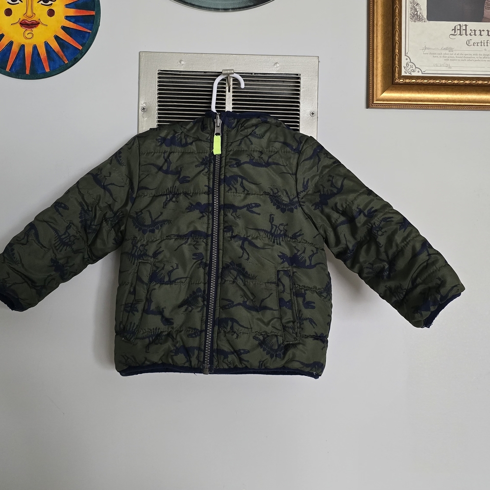 Kids Puffer Jacket in Olive Green with Navy Dinosaur Print